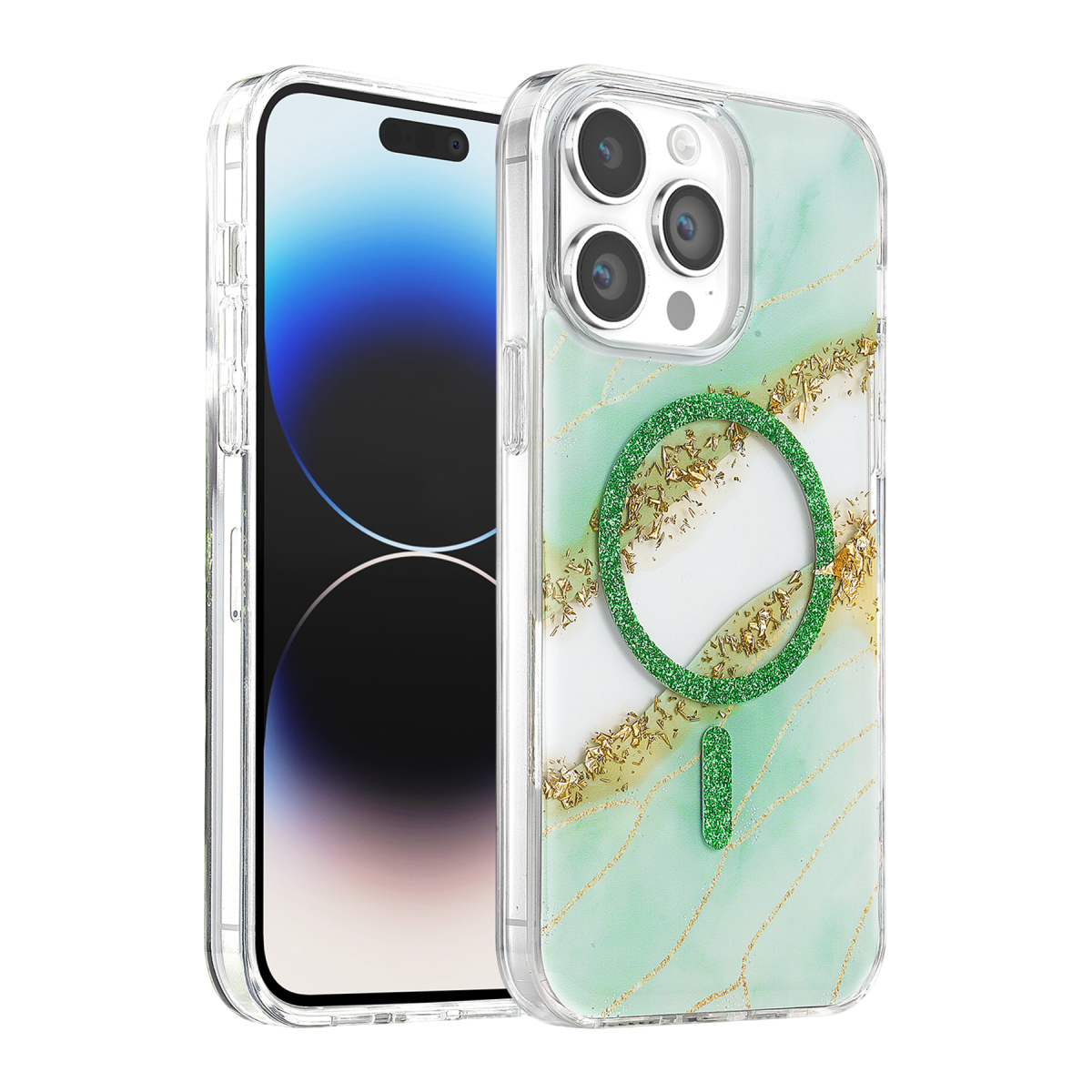 Onegif Apple iPhone 14 Pro Max Lotus Simli Magsafe Kapak - Yeşil