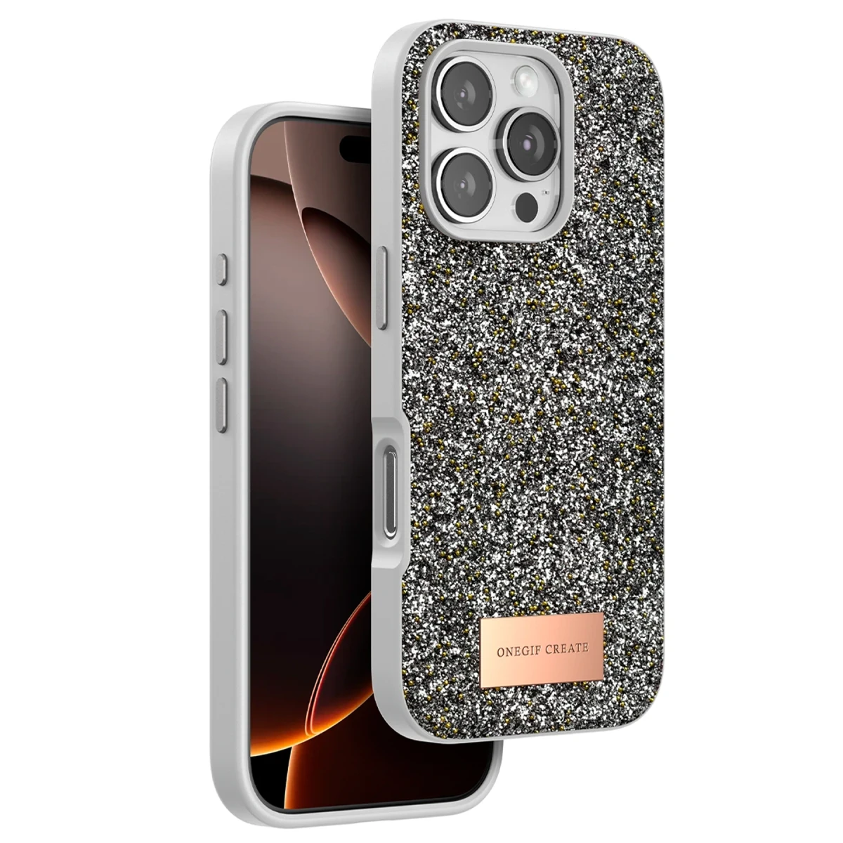 Onegif Apple iPhone 16 Pro Bright Simli Kapak - Gümüş