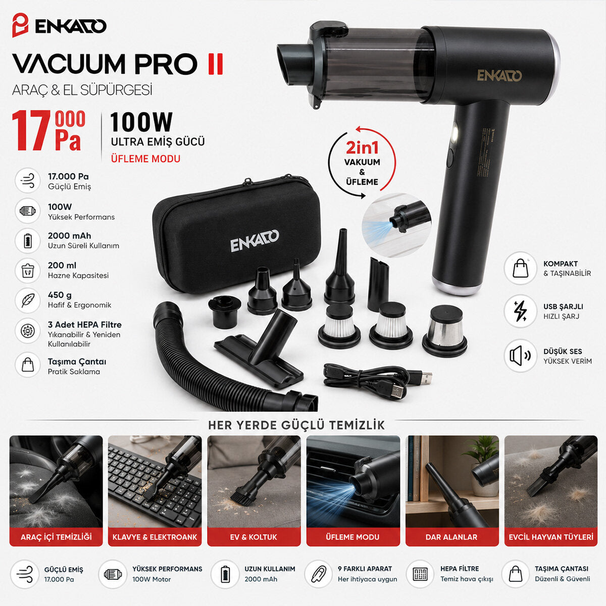 OTO ARAÇ - 2IN1 ŞARJLI 100W - 17000PA 9 BAŞLIK - 3 FİLTRE EL TİPİ BASINÇLI HAVA ÜFLEME - ARAÇ SÜPÜRGE MAKİNESİ TAŞIMA ÇANTALI EKD-SP10 (4887)