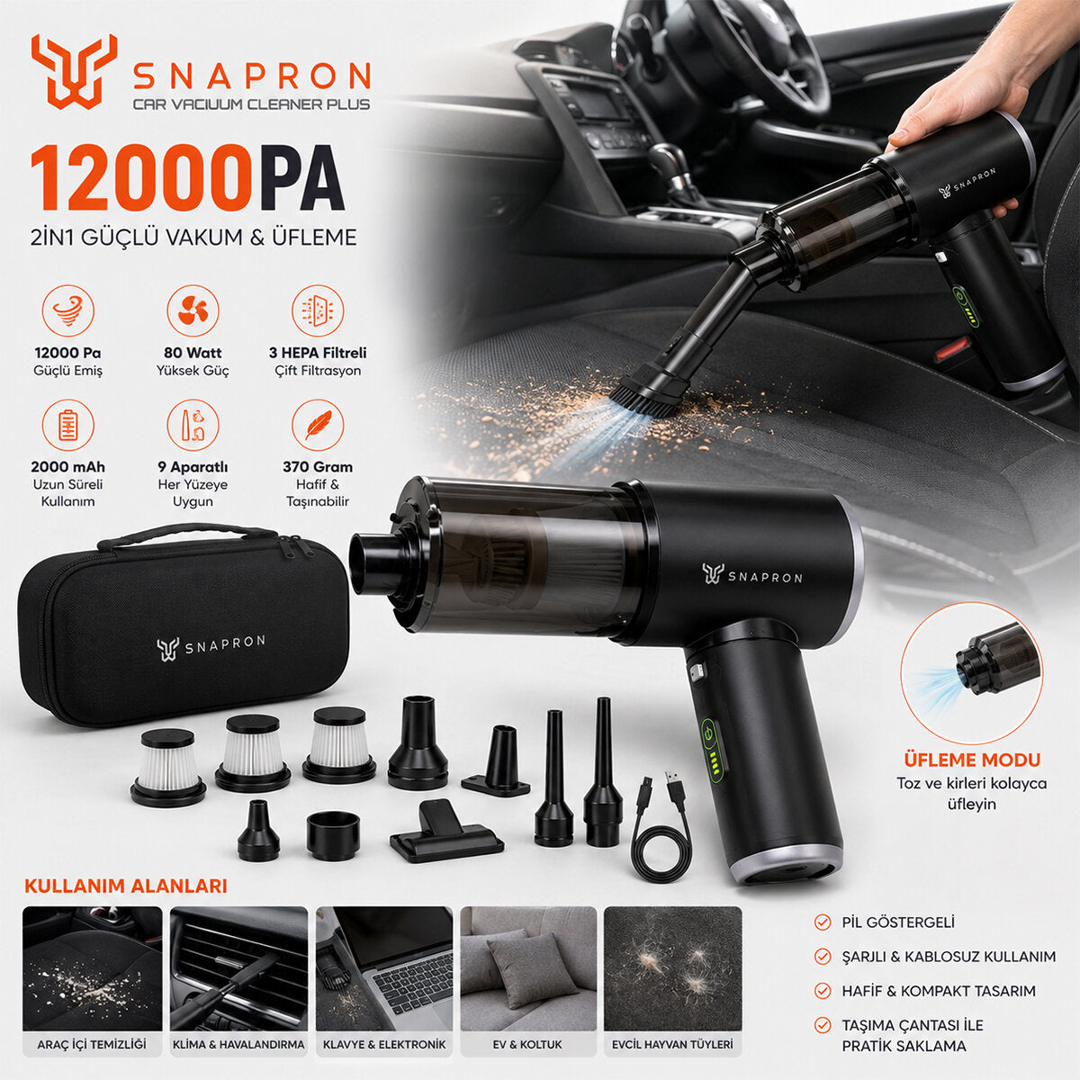 OTO ARAÇ - 2IN1 ŞARJLI 80W - 12000PA 9 BAŞLIK - 3 FİLTRE EL TİPİ BASINÇLI HAVA ÜFLEME - ARAÇ SÜPÜRGE MAKİNESİ TAŞIMA ÇANTALI SNV-3002 (4887)