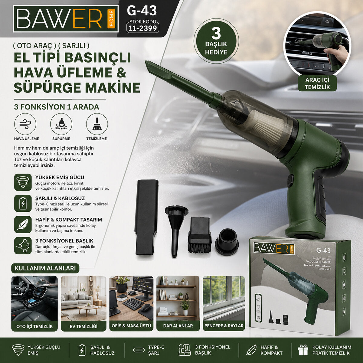 OTO ARAÇ SARJLI EL TİPİ BASINÇLI HAVA ÜFLEME - SÜPÜRGE MAKİNE 3 BAŞLIK G-43 (4887)