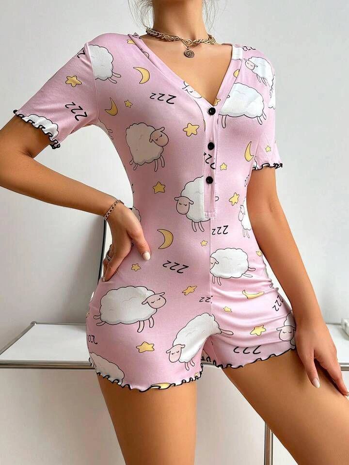 Pamuklu Kuzu Desenli Düğmeli Uzun Kol Tulum Pijama - Pembe - KLBN28733