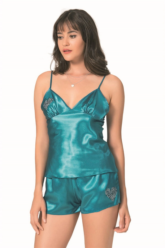 Saten Babydoll Şortlu Set - Petrol - KLBN12821