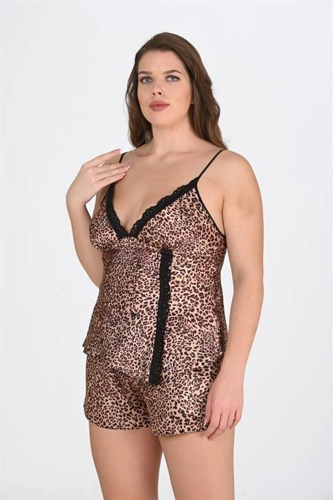 Premium Büyük Beden Desenli İşlemeli Dantelli Saten Şortlu Gecelik Seti - Leopar - KLBN22605