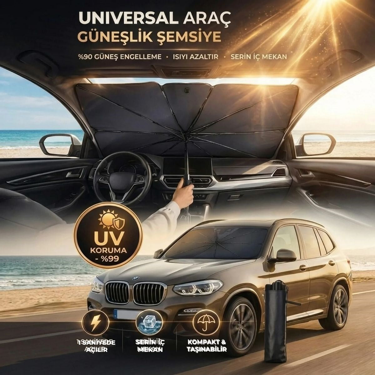 Premium Katlanabilir Araç Ön Cam Güneşliği – Şemsiye Tipi Oto Güneşlik, UV Korumalı Isı Yalıtımlı Ön Cam Gölgelik (4887)