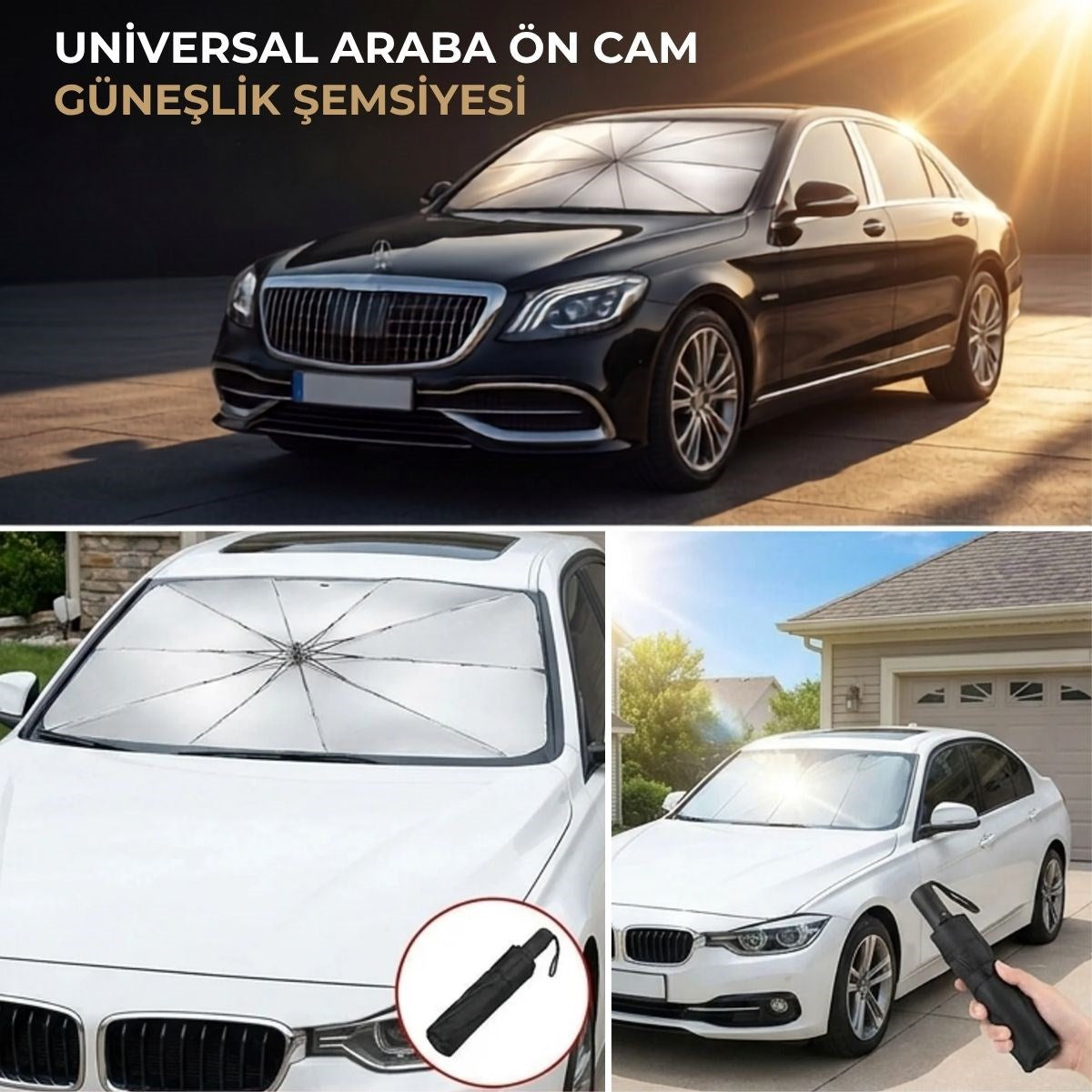 Premium Katlanabilir Araç Ön Cam Güneşliği – Şemsiye Tipi Oto Güneşlik, UV Korumalı Isı Yalıtımlı Ön Cam Gölgelik (4887)