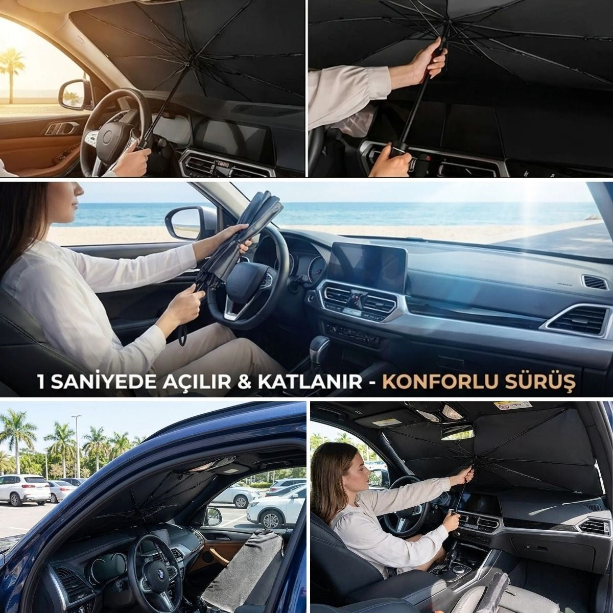 Premium Katlanabilir Araç Ön Cam Güneşliği – Şemsiye Tipi Oto Güneşlik, UV Korumalı Isı Yalıtımlı Ön Cam Gölgelik (4887)