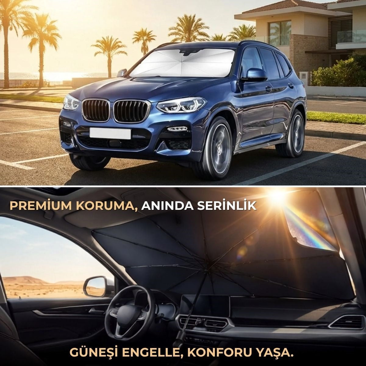 Premium Katlanabilir Araç Ön Cam Güneşliği – Şemsiye Tipi Oto Güneşlik, UV Korumalı Isı Yalıtımlı Ön Cam Gölgelik (4887)