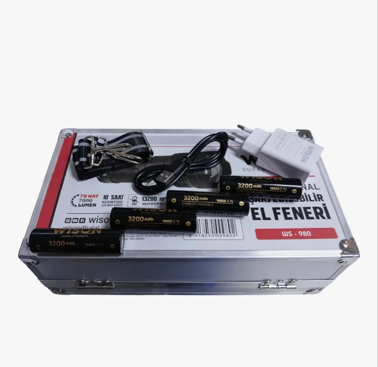 Profesyonel Zoomlu El Feneri | 60w – 7000 Lümen – 13.200 Mah – Type‑c – Metal Gövde (4887)