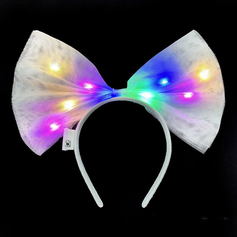 Rengarenk Led Işıklı Fiyonk Şekilli Tül Parti Tacı Beyaz Renk 25x25 cm (4887)