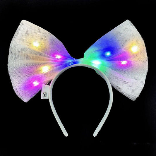 Rengarenk Led Işıklı Fiyonk Şekilli Tül Parti Tacı Beyaz Renk 25x25 cm (4887)