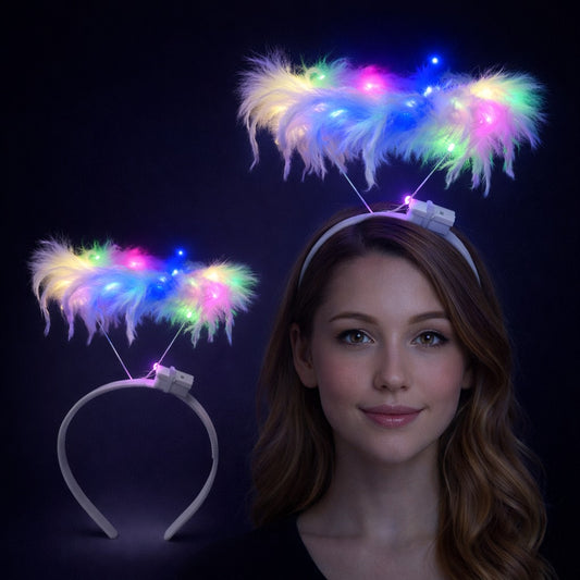 Renkli LED Işıklı Beyaz Tüylü Püsküllü Parti Tacı (4887)