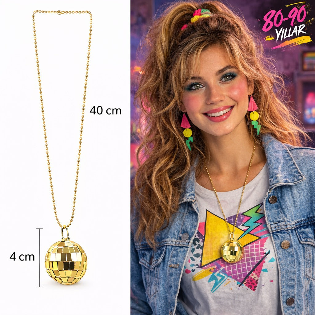 Retro Disko Topu Şekilli 80'ler 90'lar Altın Renk Plastik Kolye (4887)