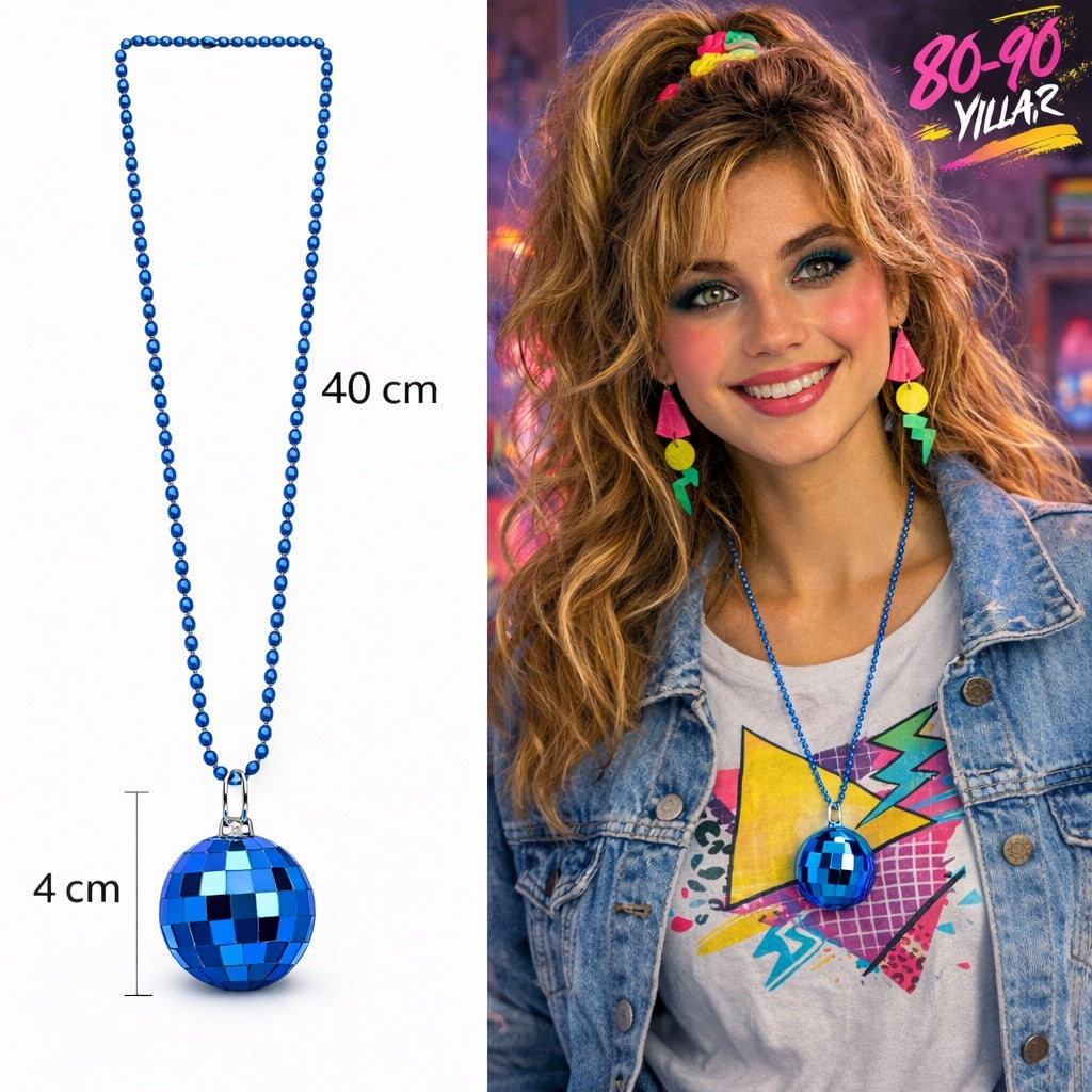 Retro Disko Topu Şekilli 80'ler 90'lar Mavi Renk Plastik Kolye (4887)