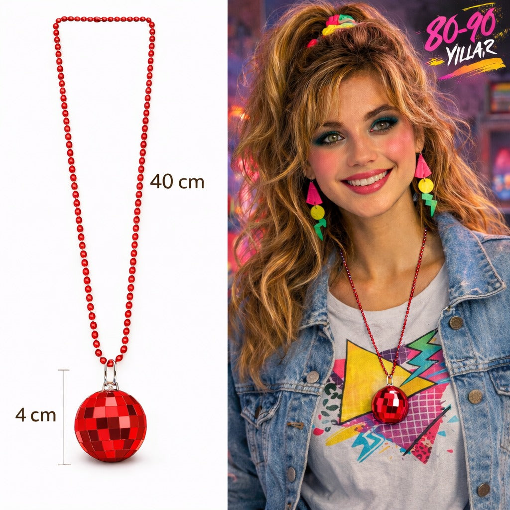 Retro Disko Topu Şekilli 80'ler 90'lar Kırmızı Renk Plastik Kolye (4887)