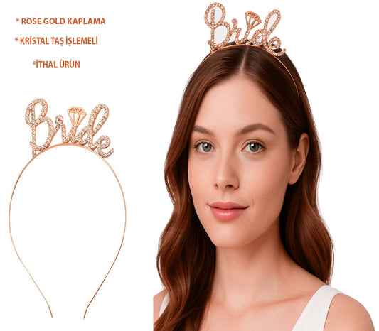 Rose Gold Renkli Taşlı “Bride” Gelin Tacı – El Yazısı Yazı Tipiyle (4887)