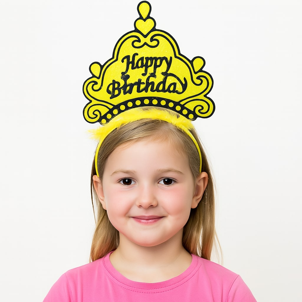 Sarı Happy Birthday Prenses Tacı – Doğum Günü Taç Aksesuarı (4887)