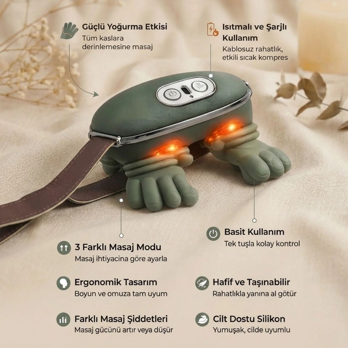 Şarjlı Isıtmalı Boyun ve Omuz Masaj Aleti Parmak Hareketini Taklit Eden Yoğurma Masaj Cihazı (4887)