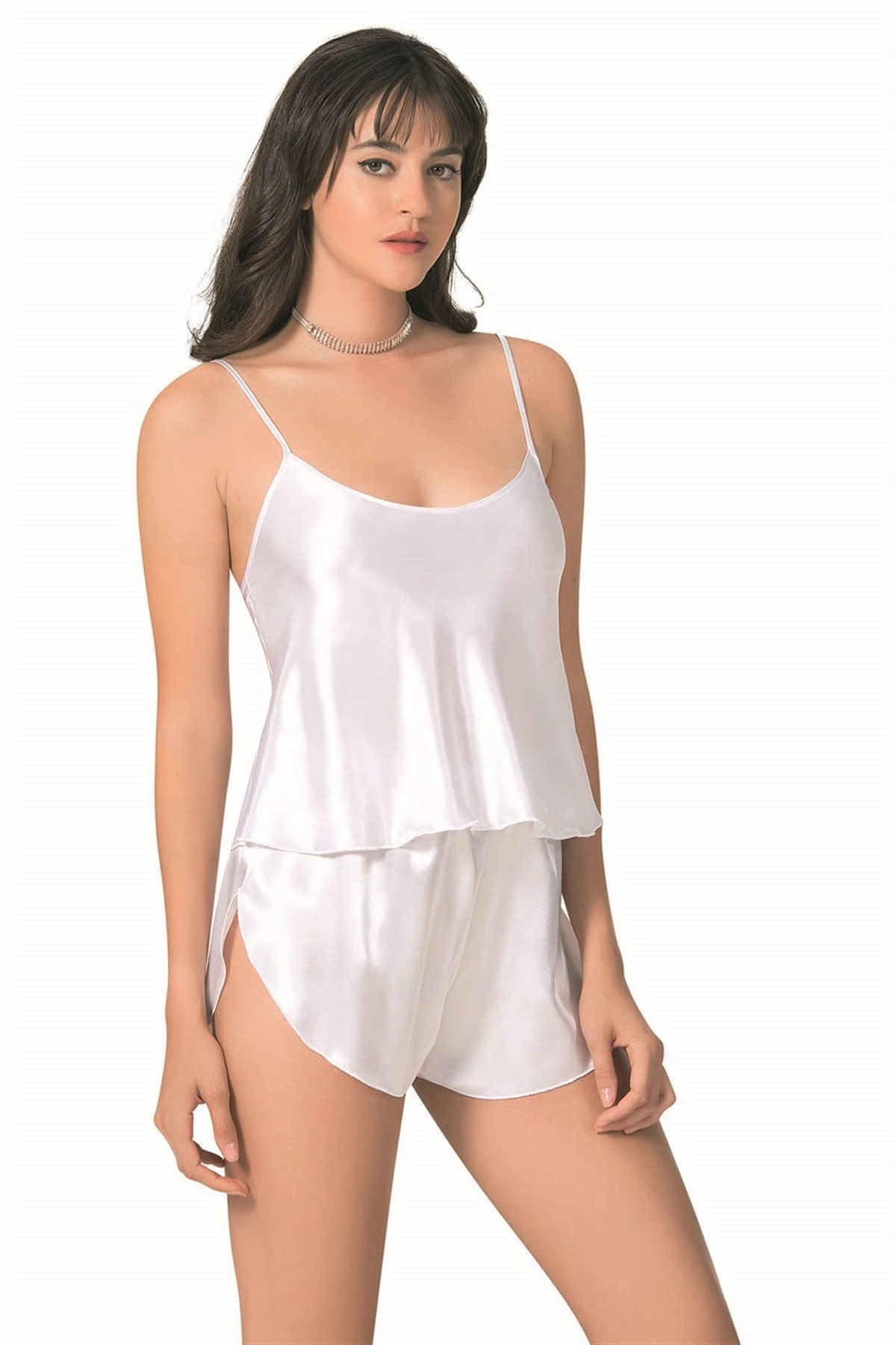 Şık Tasarım Yumuşak Dokulu Beyaz Saten Babydoll Şort Takımı