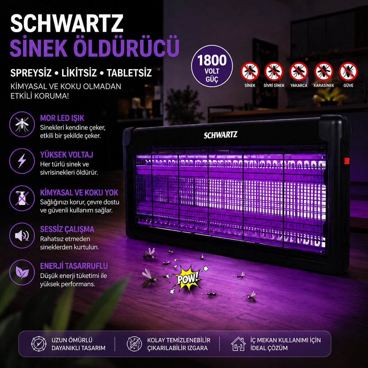 SİNEK ÖLDÜRÜCÜ CIZ CİHAZI MAKİNE 2PCS LED FLORESAN 100M2 ETKİLİ 1800V 54X23.5CM SWIK-9617 (4887)