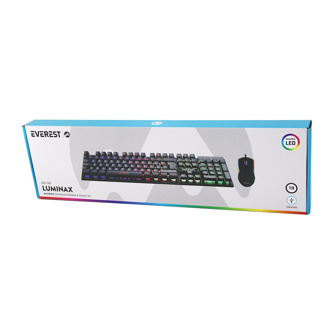 SİYAH GÖKKUŞAĞI IŞIKLI USB KABLOLU OYUNCU KLAVYE - MOUSE SET (4887)
