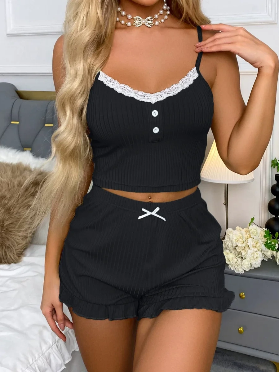 Siyah Likralı Düğmeli Yumuşacık 2Lİ Pijama Takımı