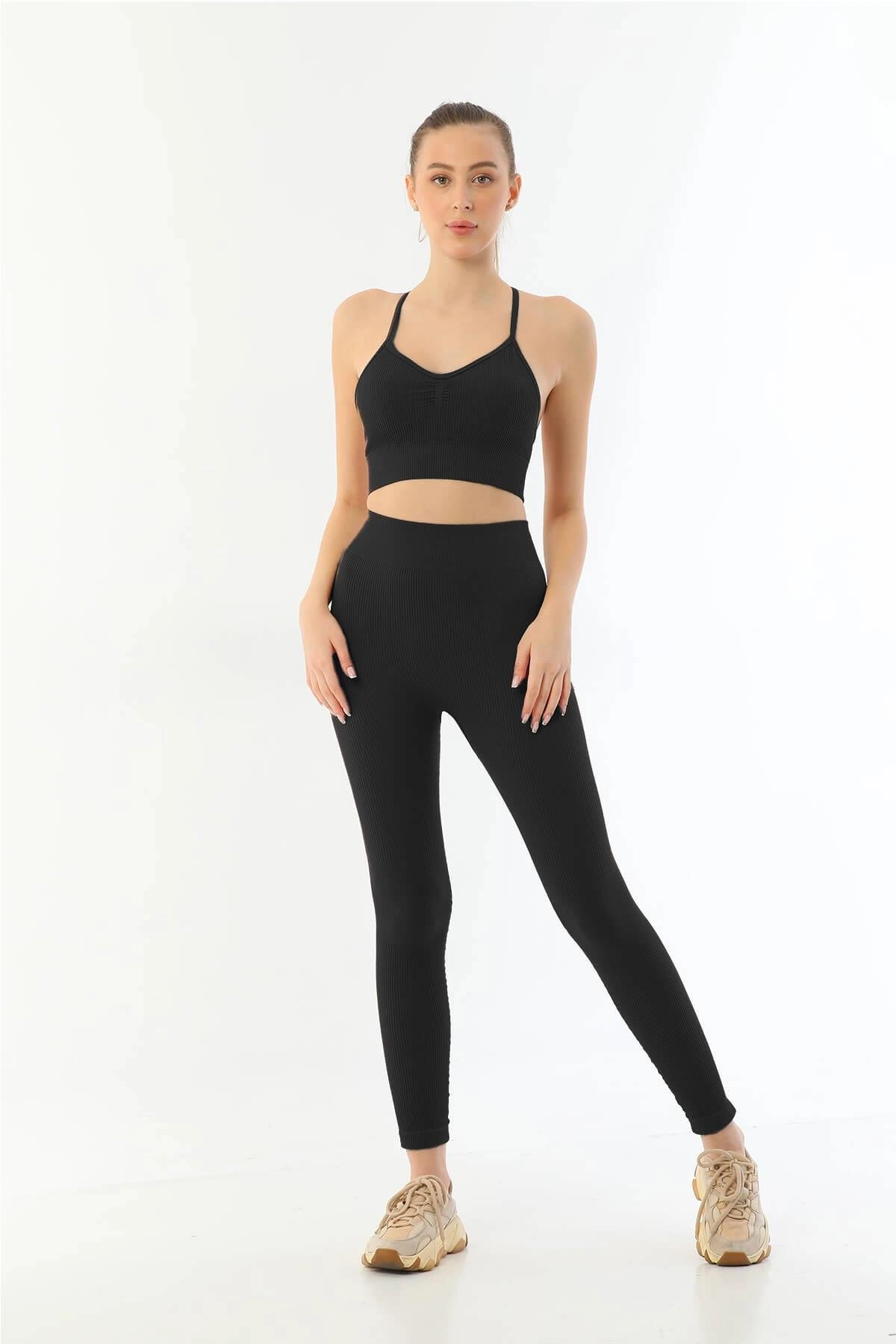 Soft Seamless Ripli Tayt Yoga Seti - Siyah - KLBN30753