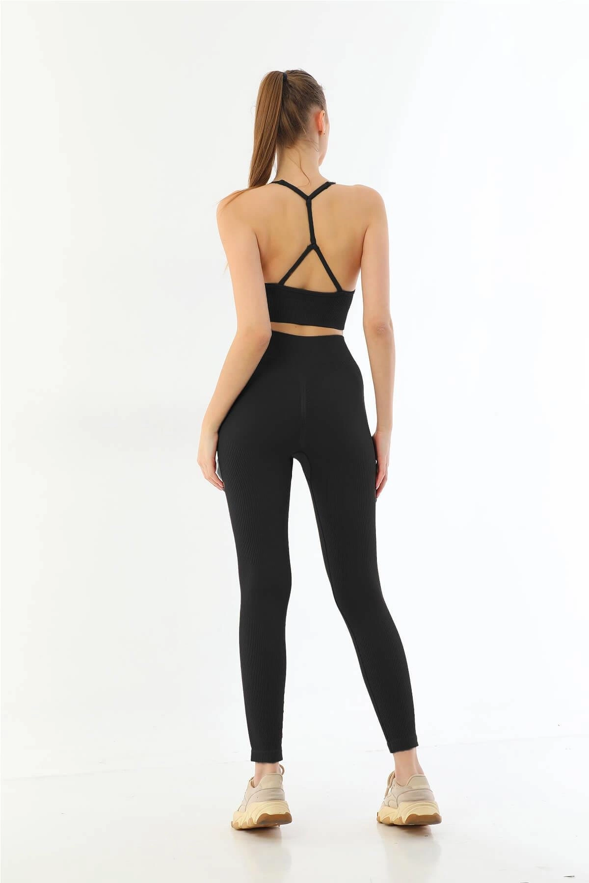 Soft Seamless Ripli Tayt Yoga Seti - Siyah - KLBN30753