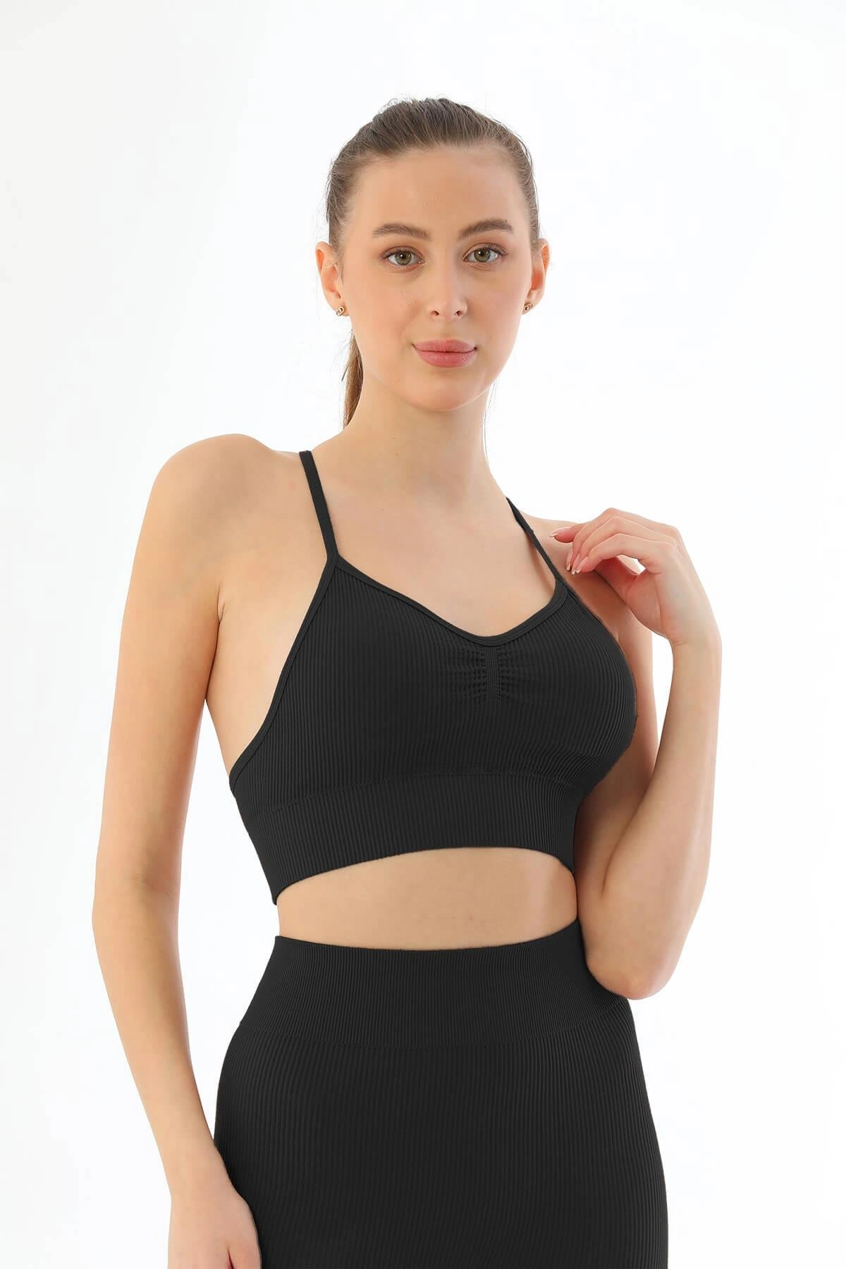 Soft Seamless Ripli Tayt Yoga Seti - Siyah - KLBN30753