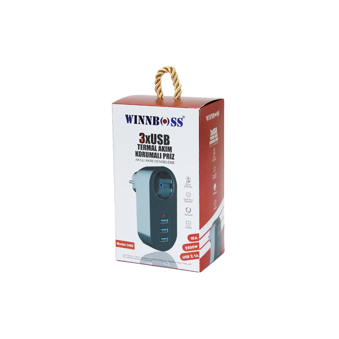 SİYAH TERMAL AKIM KORUMALI  1XPRİZ 3XUSB DUVAR TİPİ PRİZ 10A - 2500W (4887)