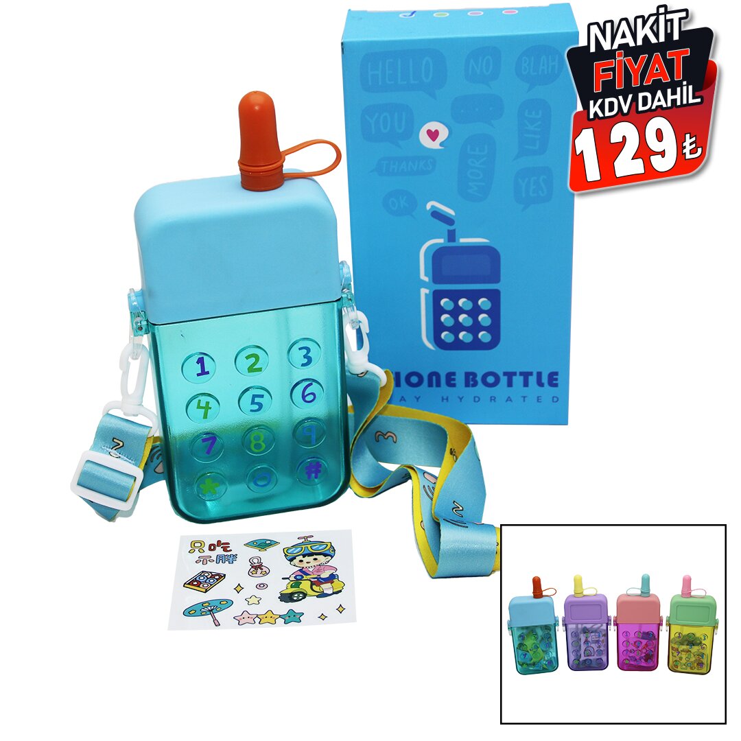TELEFON MODELİ RENKLİ MİKA KRİSTAL SULUK MATARA PİPETLİ - VİDALI KAPAK - ASKILI 300ML (4887)