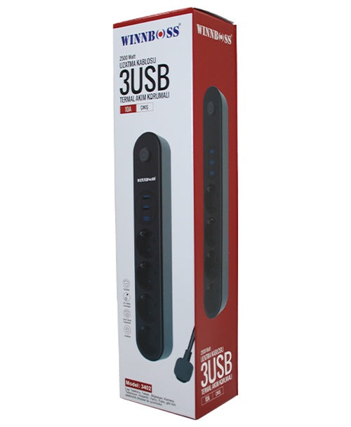 TERMAL AKIM KORUMALI 4LÜ PRİZ 3XUSB 2MT ANAHTARLI UZATMA KABLO SİYAH 10A - 2500W (4887)