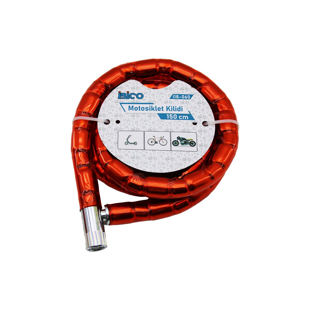 TÜP ANAHTARLI METAL KAFA ÇELİK MOTOR - BİSİKLET KİLİT SİLİNDİRİK SPİRAL KİLİT KIRMIZI KILIF22MM X 150CM (4887)