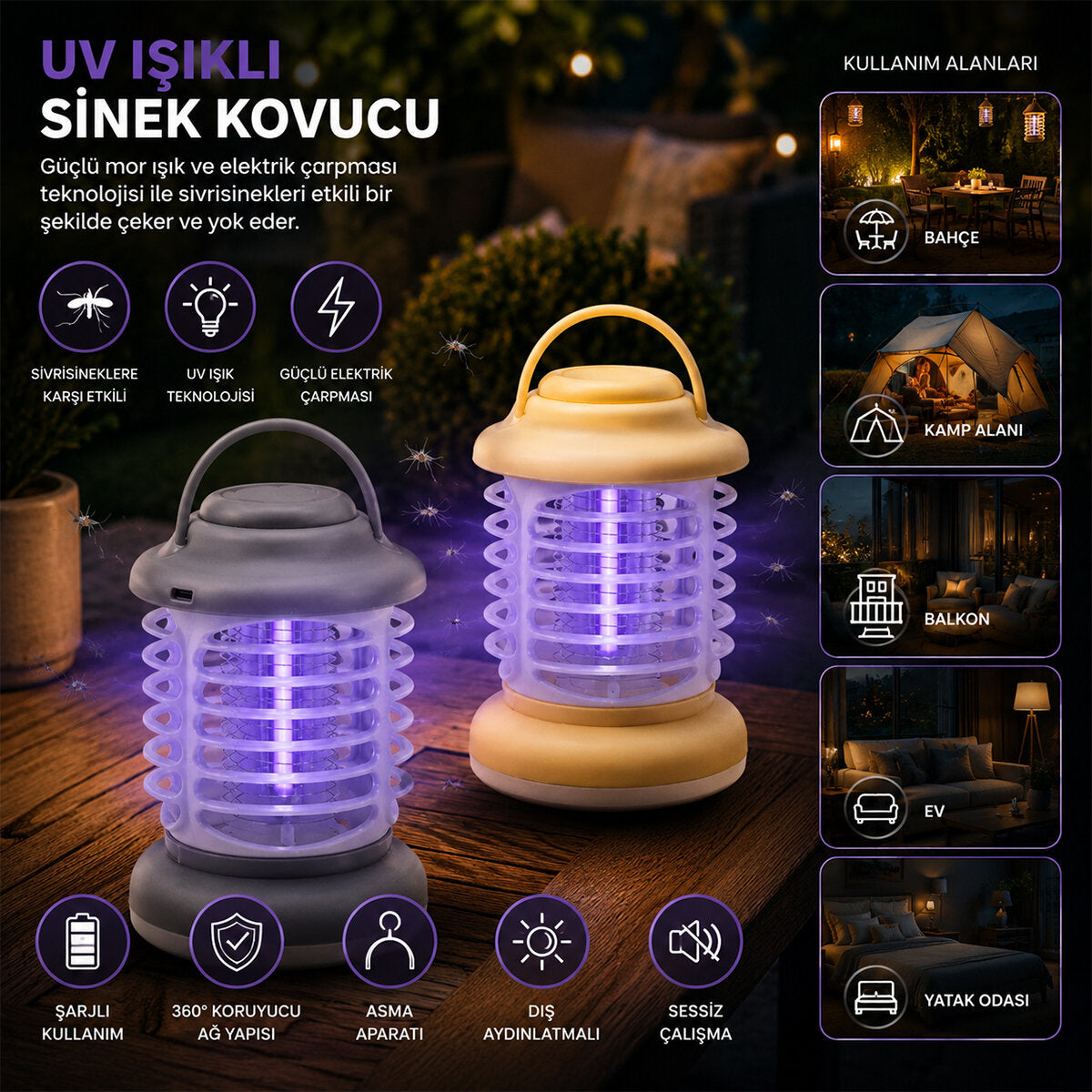 USB ŞARJLI - 2 RENK IŞIK ASMA APARAT - SESSİZ ÇALIŞMA UV IŞIKLI SİNEK KOVUCU HS-376 (4887)