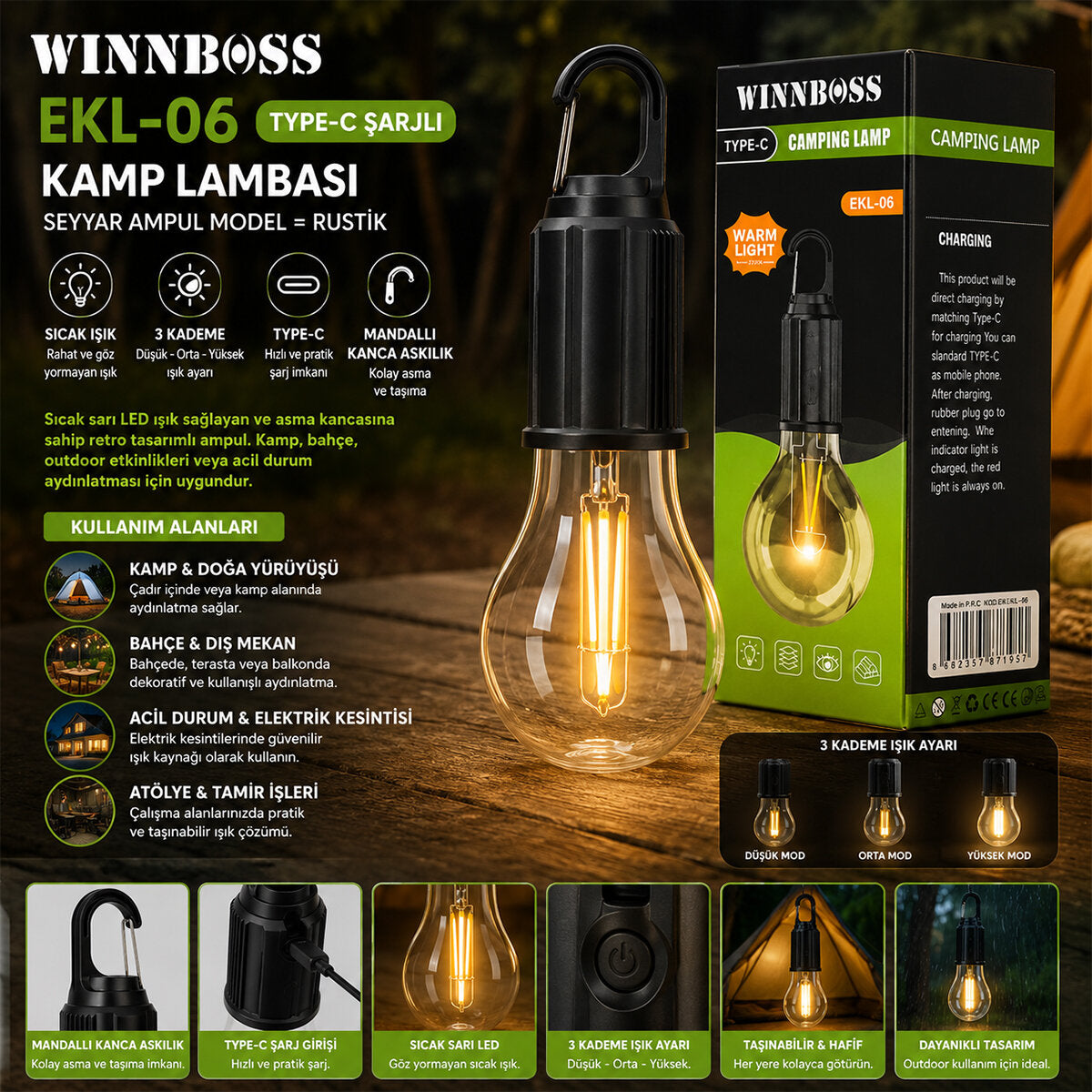 USB ŞARJLI SEYYAR AMPUL MODEL=RUSTİK KAMP LAMBASI MANDALLI KANCA ASKILIK 3-KADEME IŞIK EKL-06 G-912 (4887)