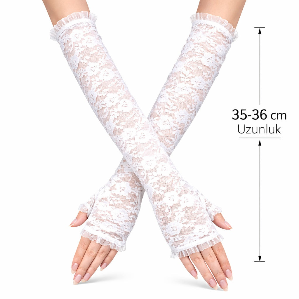 Uzun Zarif Dantel Eldiven Parmaksız Beyaz 35 cm (4887)