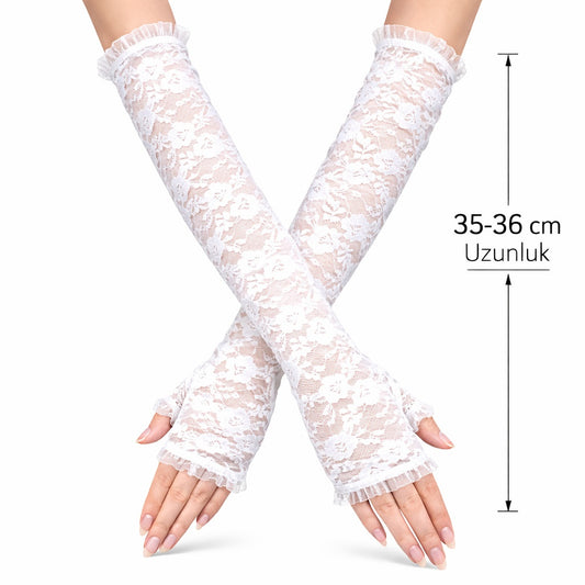 Uzun Zarif Dantel Eldiven Parmaksız Beyaz 35 cm (4887)