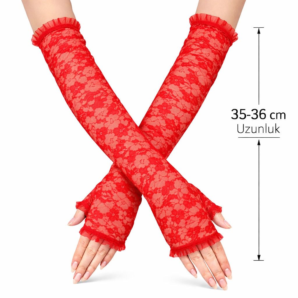 Uzun Zarif Dantel Eldiven Parmaksız Kırmızı 35 cm (4887)