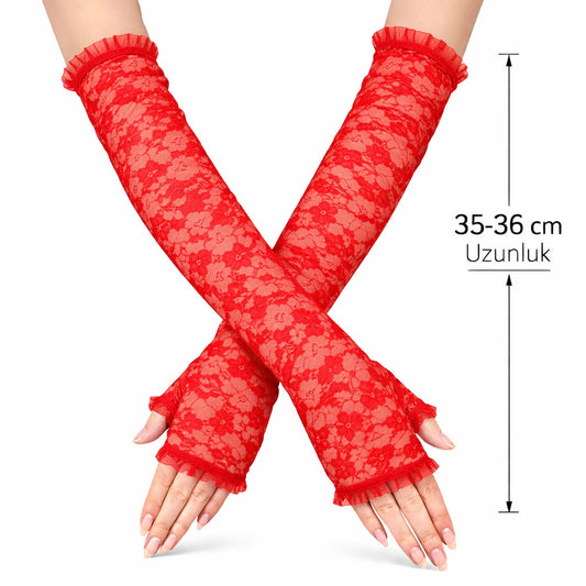 Uzun Zarif Dantel Eldiven Parmaksız Kırmızı 35 cm (4887)