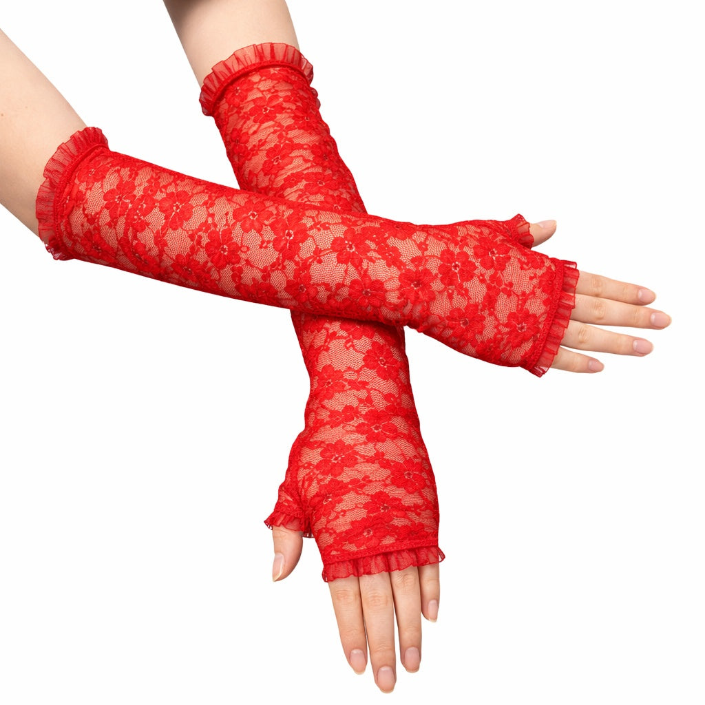 Uzun Zarif Dantel Eldiven Parmaksız Kırmızı 35 cm (4887)