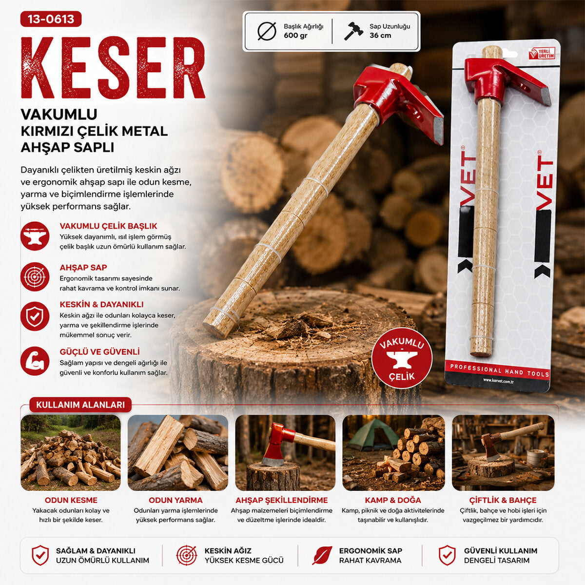 VAKUMLU KIRMIZI KESER AHŞAP SAPLI (4887)