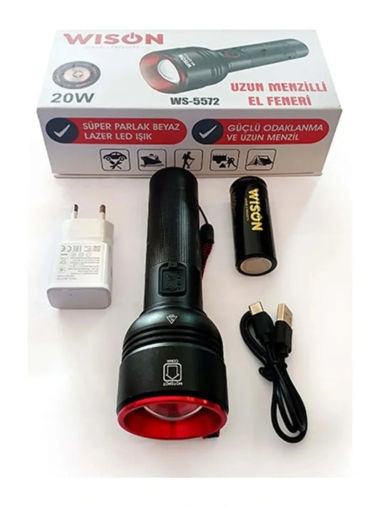 WISON WS-5572 20W Uzun Menzilli Şarjlı Metal El Feneri (4887)
