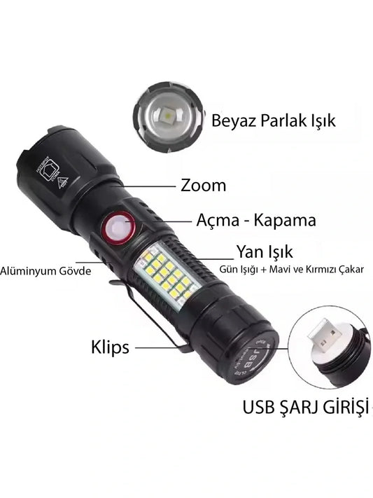 WS-2828 Ultra USB Şarjlı Polis El Feneri, Bekçi, Asker El Feneri Kırmızı Mavi Çakarlı 1000 Lümen (4887)