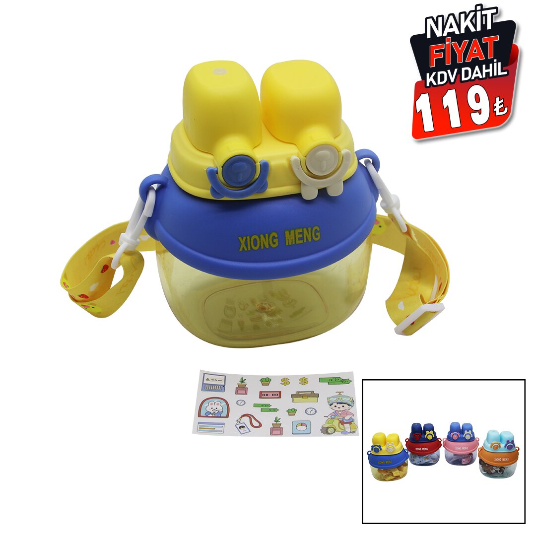 YÜZ MODELİ  - 2 KİLİTLİ KAPAK  RENKLİ MİKA KRİSTAL SULUK MATARA PİPETLİ - NAYLON ÇANTALI - ASKILI 1280ML (4887)